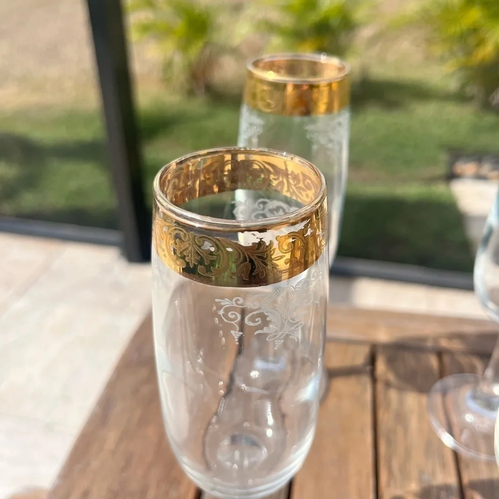 Set Of  4 Gold Rimmed Champagne Flutes- J Preziosi lavorato a mano